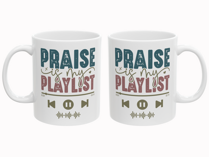 Two white mugs with 'Praise is my playlist' text design on a white background