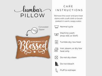 Product display with pillow design, concealed zipper, and care instructions for washing and maintenance.