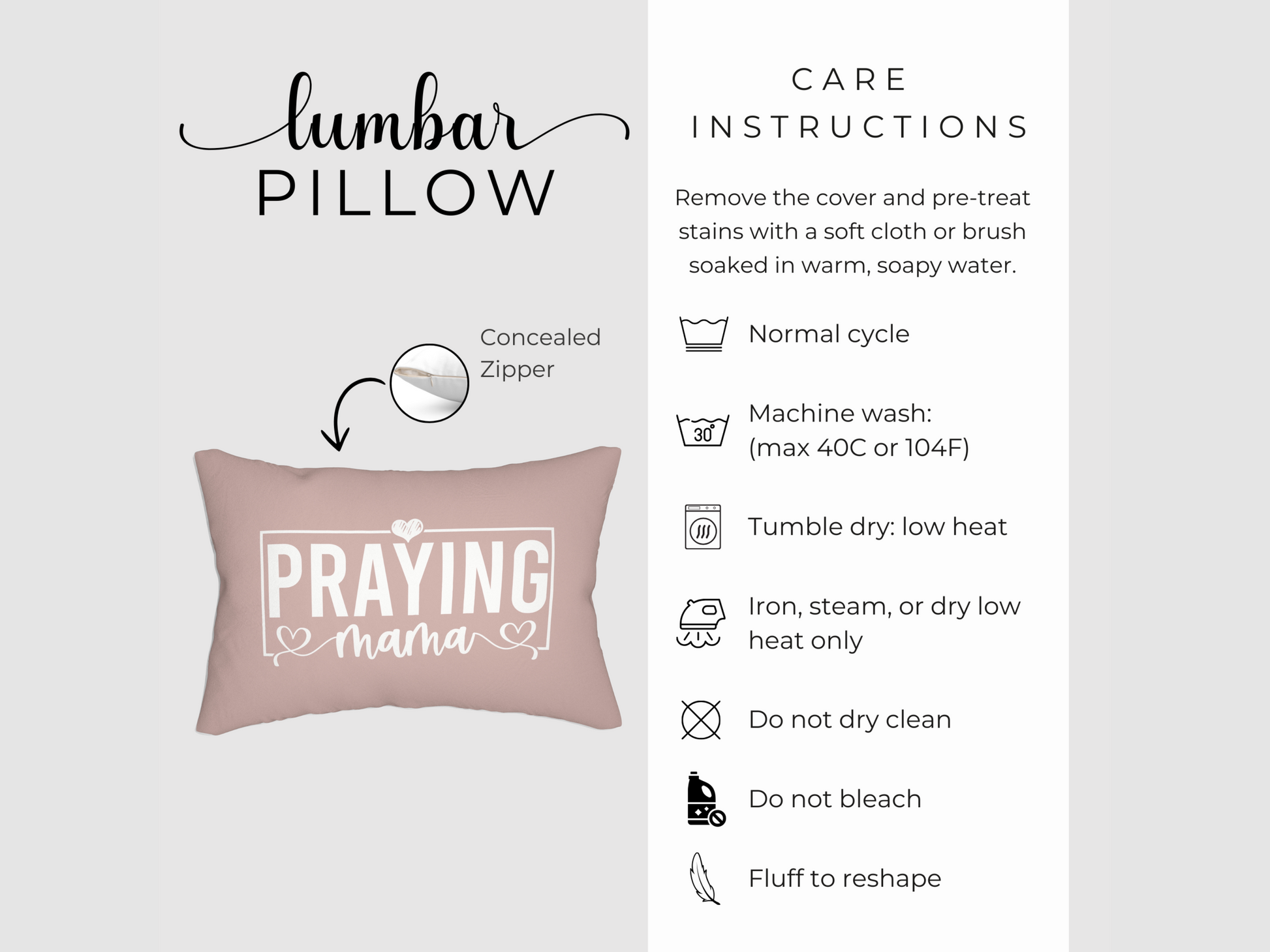 Product display of blush pink lumbar pillow with concealed zipper and care instructions for machine wash, tumble dry, and low-heat ironing.