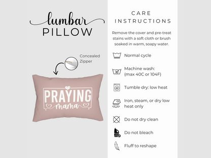 Product display of blush pink lumbar pillow with concealed zipper and care instructions for machine wash, tumble dry, and low-heat ironing.