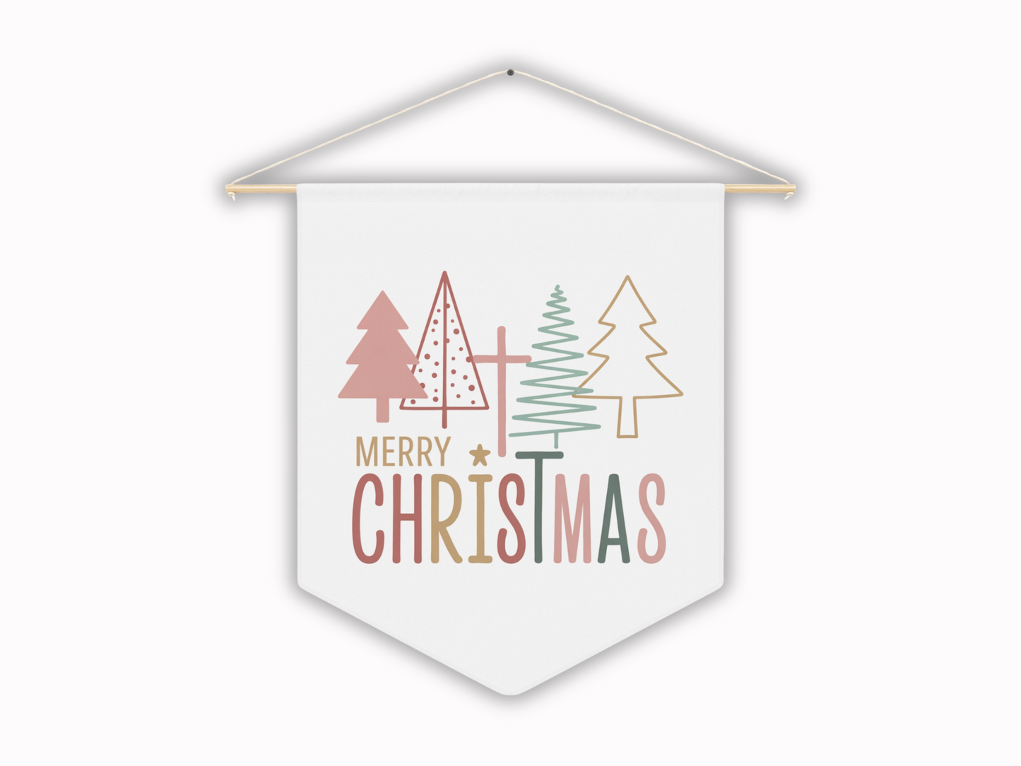 Decorative banner with Christmas trees and 'Merry Christmas' text on a white background
