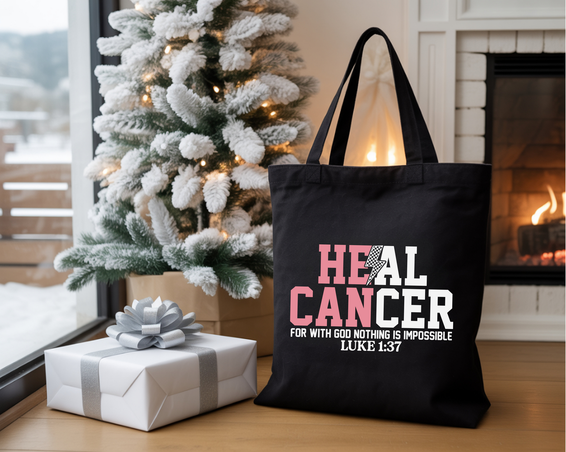 Black tote bag with 'Heal Cancer' text in a home setting with Christmas tree and presents.