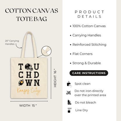 Cotton canvas tote bag with 'Touchdown Kansas City' text and product details on a white background