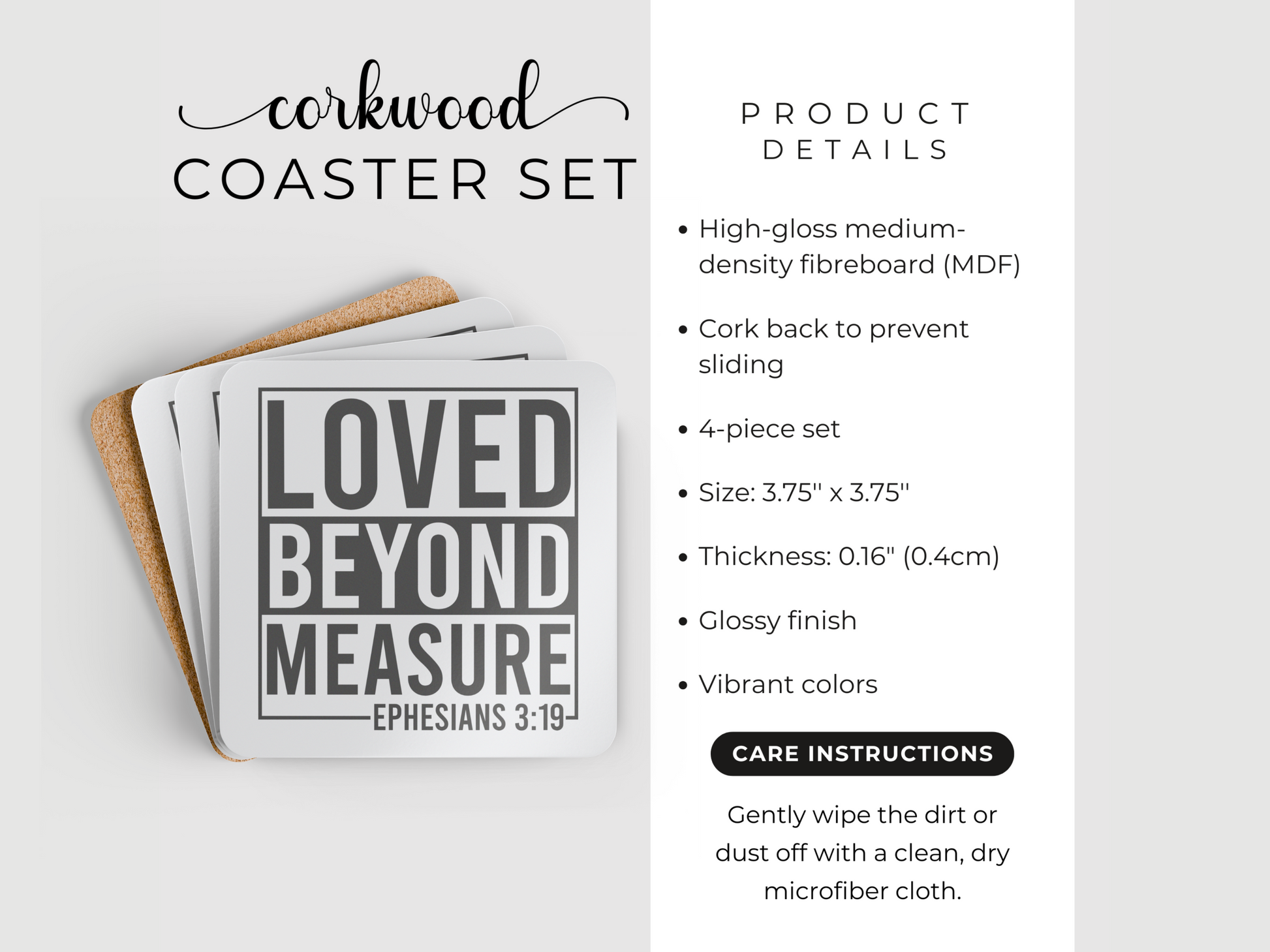 Product detail graphic showing “Loved Beyond Measure” coaster set with size, material, care instructions, and cork backing.