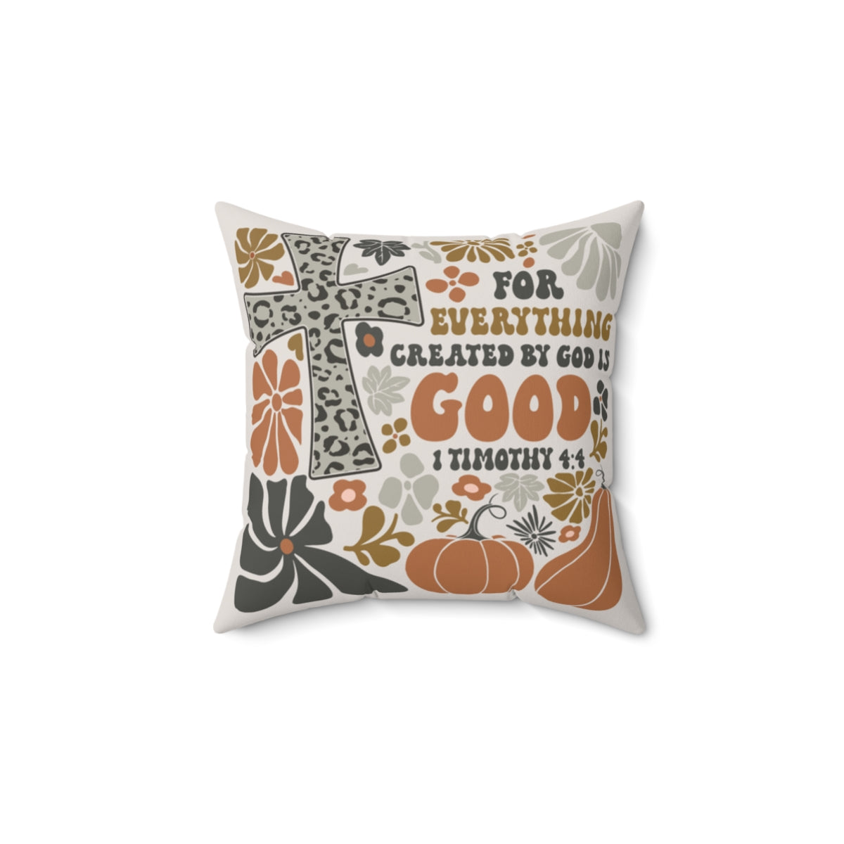 Decorative pillow with text and graphics on a white background. Size: 14x14 inches.