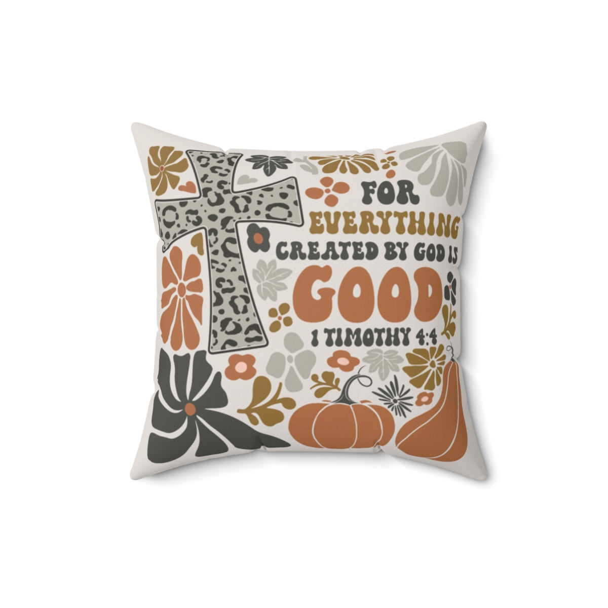 Decorative pillow with autumnal design and text on a white background. Size: 16x16 inches.
