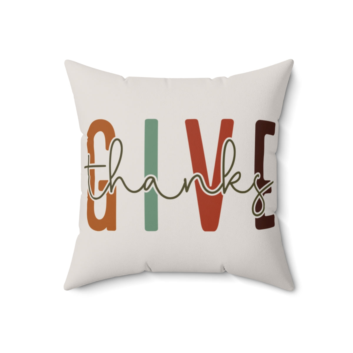Decorative pillow with 'Give Thanks' text on a white background in 18x18 size.