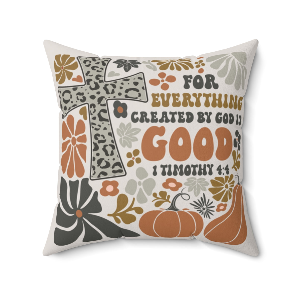 Decorative pillow with floral patterns, pumpkins, and text on a white background. Size: 20x20 inches.