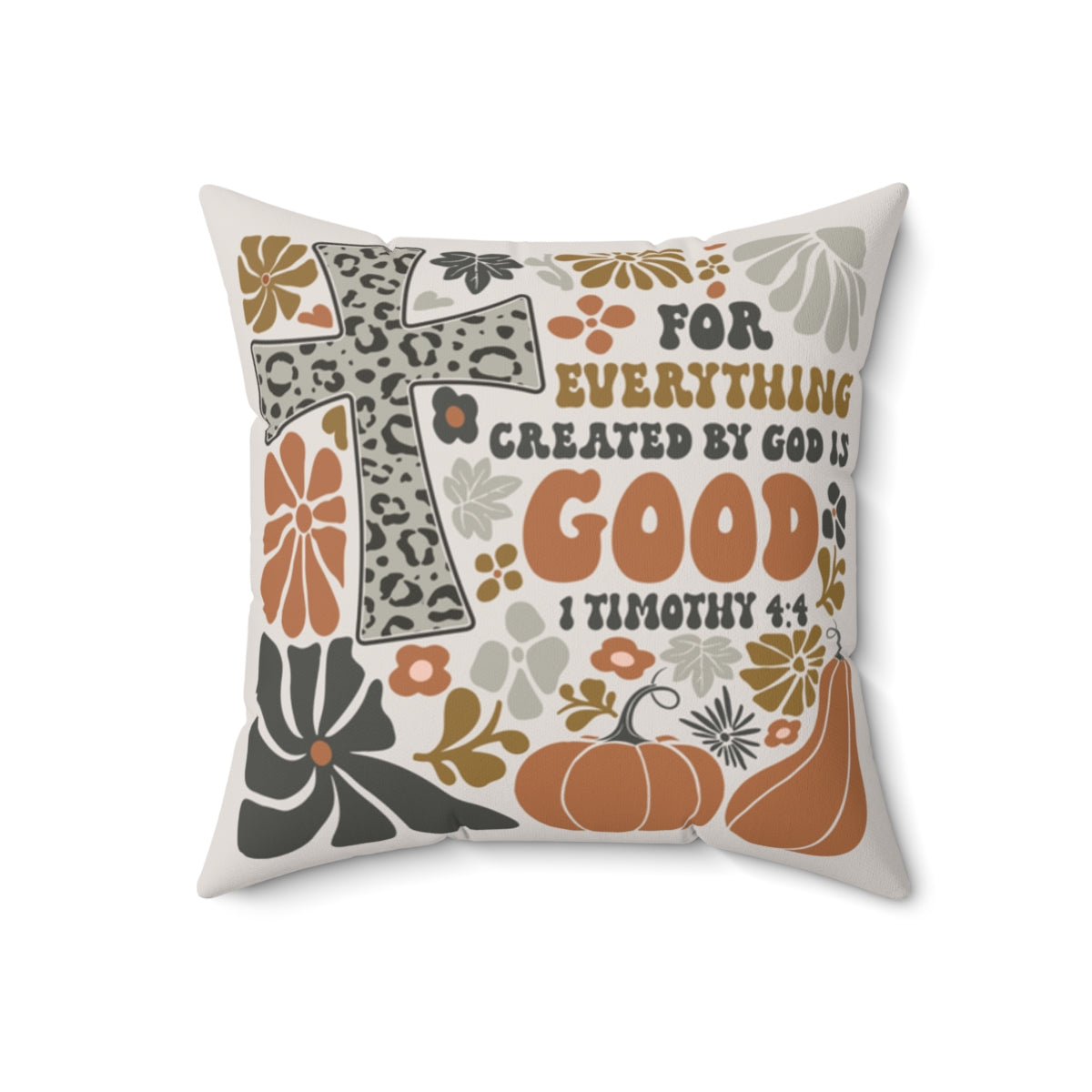 Decorative pillow with autumnal design and text on a white background. Size: 18x18 inches.