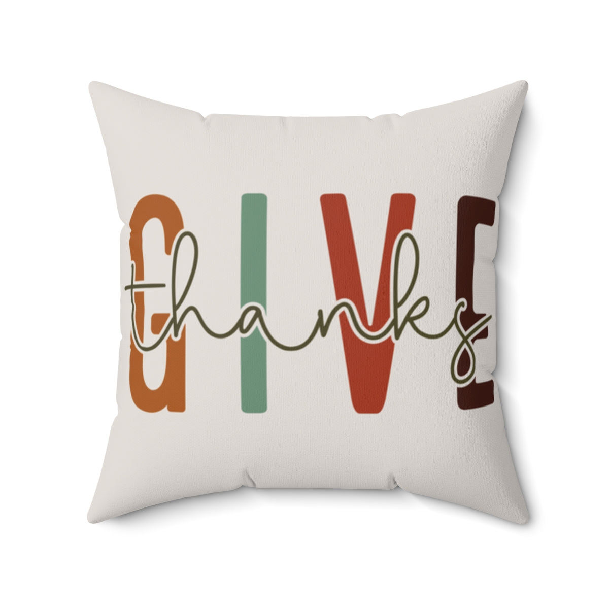 Decorative pillow with 'Give Thanks' text on a white background in 20x20 size.