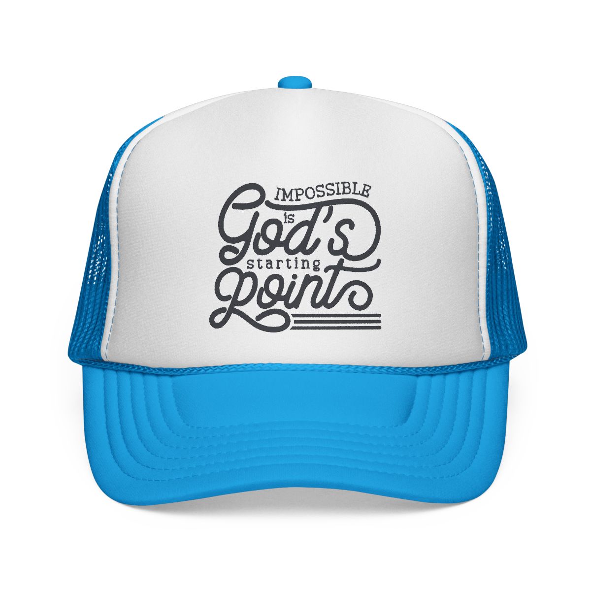 Blue and white trucker hat with motivational quote on a white background