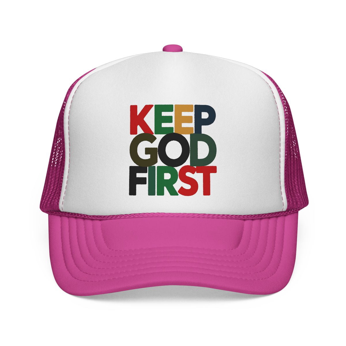 Trucker hat with 'KEEP GOD FIRST' text on a white background