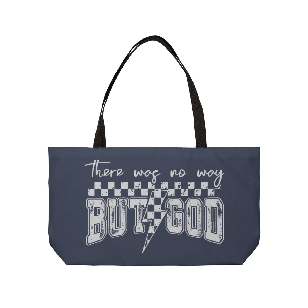 Navy tote bag with white text and graphics on a white background
