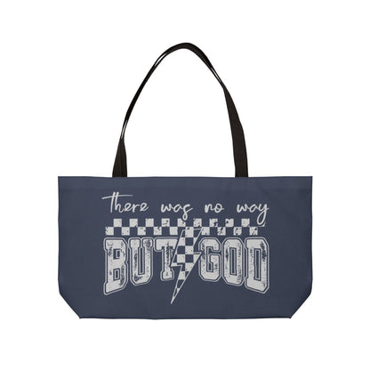 Navy tote bag with white text and graphics on a white background